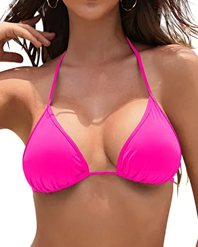 ladies bikini top fresh glow -Removable Padded Halter Triangle Bikini Top String Bathing Suits Top-Neon Pink