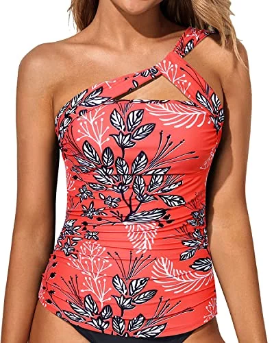 ladies bikini top lattice straps -Cute And Sexy Ruched Swim Top Tummy Control Swim Tops-Red Floral