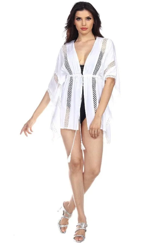 Women’s cover-up knit luxe glow -See-Through White Front Tie Beach Kaftan Kimono Cover-Up In Rayon