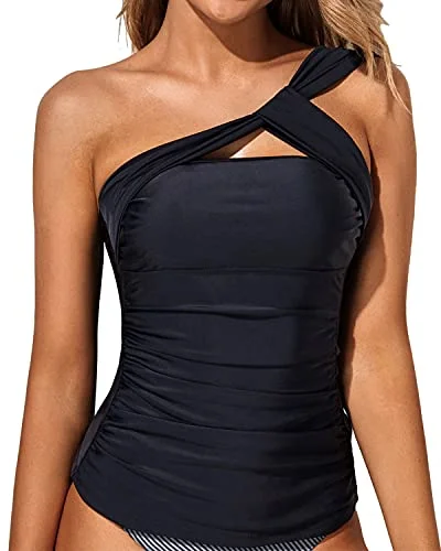 ladies bikini top sharp rise -One Shoulder Ruched Swim Top Tummy Control Tankini Top-Black