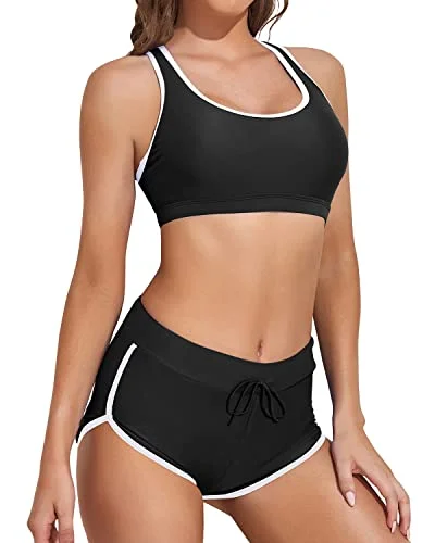 ladies bikini top mesh blend -Women Racerback Crop Top Shorts Bathing Suits-Black And White