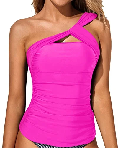 ladies bikini top domed padding -Elegant And Flattering Ruched Swim Top Tummy Control Tankini Top-Neon Pink