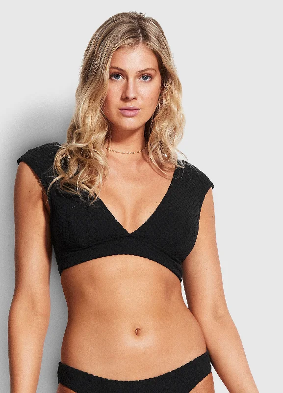 ladies bikini top cane weave -Riviera Cap Sleeve Top - Black