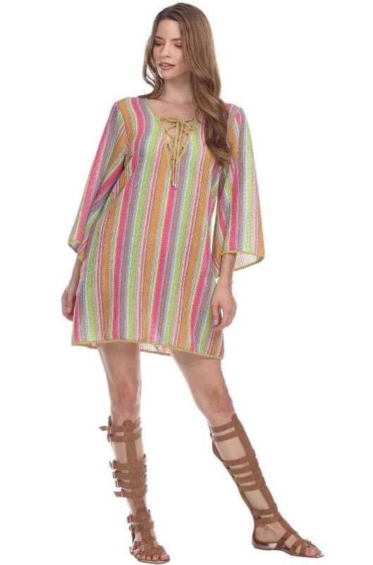 Women’s cover-up resort soft flair -Women's Striped Beach Tunic Cover Up | Lace - Up Tunic Coverup