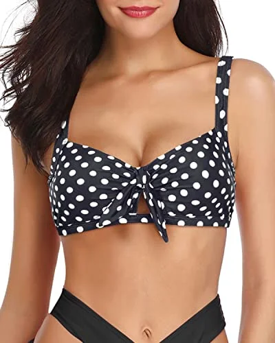 ladies bikini top plump shape -Cute Bowknot Pattern Ruffle Flounce Swimsuit Top-Black Dot