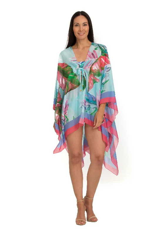 Women’s cover-up tie luxe flair -Orta San Giulio Short Print Kaftan with Front Tassel Tie (Style 466)