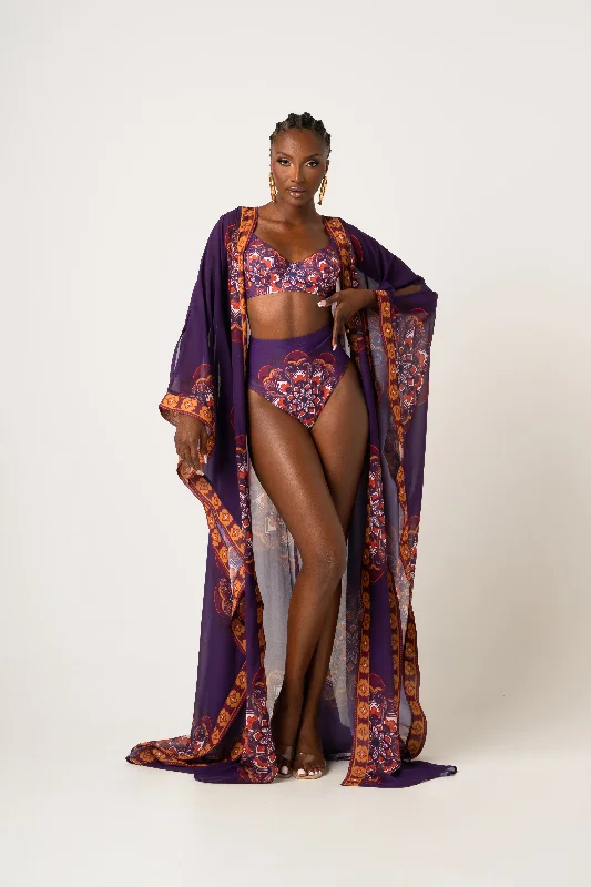 Women’s cover-up sleek soft glow -ENANG PURPLE LONG KAFTAN CHIFFON KIMONO