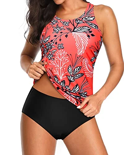 ladies bikini top knot ties -Slimming High Neck Tankini Top Bottoms For Swimming-Red Floral