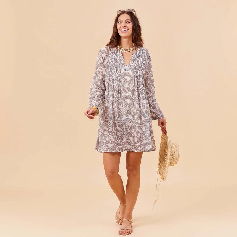 Women’s cover-up floral vibrant flair -Palm Leaves Grey blu Cotton Pintuck Beach Cover Up