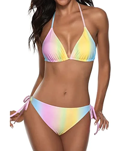 ladies bikini top corded straps -Two Piece Halter Padded Top Tie Side Bottom Bikini Bathing Suit 2 Piece Bikini Sets-Color Stripes