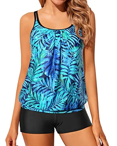 ladies bikini top chlorine safe -Two Piece Tankini Swimsuits Blouson Modest Swim Top Boyshort Blouses Bathing Suits