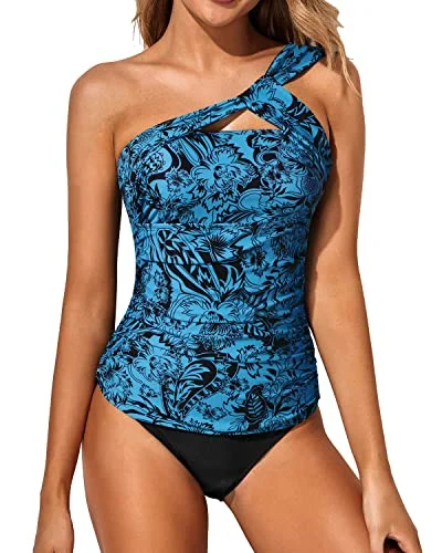 ladies bikini top mid cost -Women's Two Piece Tankini One Shoulder Top & Ruched Shorts-Black And Tribal Blue