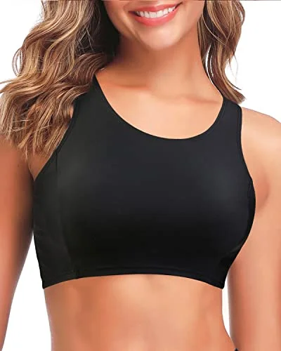 ladies bikini top lock clasp -High Neck Racerback Sports Bra Swimsuit Top Women Bikini Crop Top