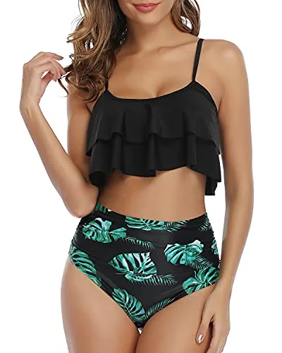 ladies bikini top netted overlay -Two Piece Double Tiered Ruffle Flounce Crop Top Bikini Set-Black Leaf