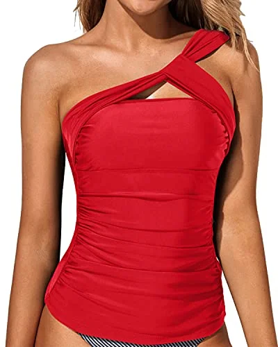 ladies bikini top bold bands -Classy Ruched Tankini Top Asymmetric Cut Swim Tops-Red