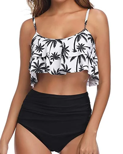 ladies bikini top blunt neck -2 Piece Bikini Set High Waisted Ruffle Flounce Top And Bottoms-Black Palm Tree