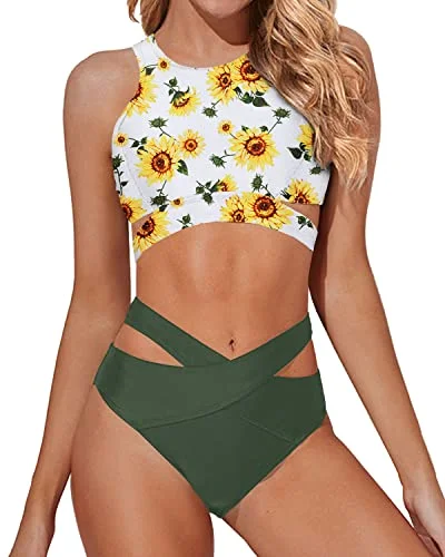 ladies bikini top broad coverage -Flattering Racerback Zipper Tank Top Two Piece High Neck Bikini Set-Sunflower