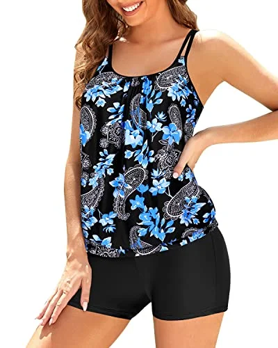 ladies bikini top chlorine safe -Women Two Piece Tankini Swimsuits Blouson Modest Swim Top-Black Floral