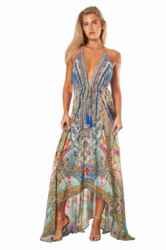 Women’s cover-up narrow chic -Queens Garden High-Low Halter Handkerchief Long Dress for Beach Party