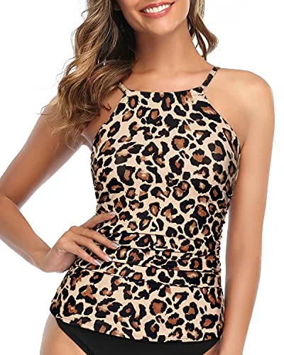 ladies bikini top elk print -Women's Ruched Swimsuit Top Open Back Design-Leopard