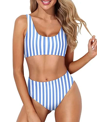 ladies bikini top cherry red -Scoop Neck Crop Top For Women Sports Two Piece Bikini For Women-Blue Stripes