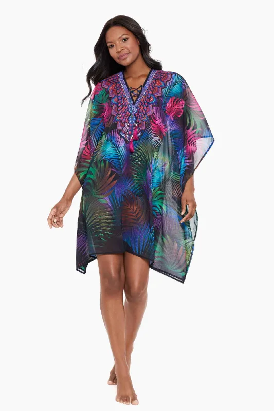 Women’s cover-up coastal flair -Pixel Palmas Caftan Swim Cover Up