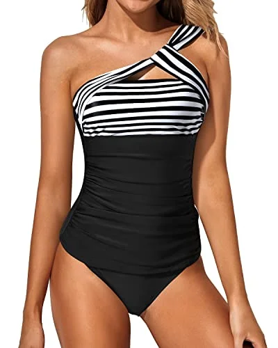 ladies bikini top lush pick -Women's Ruched Tankini Swimsuit One Shoulder Top & Shorts-Black And White Stripe