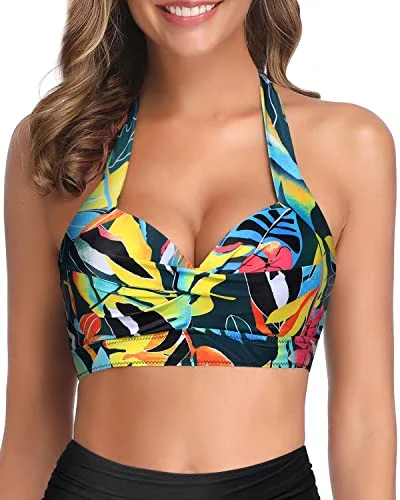 ladies bikini top grooved collar -Push Up Halter Bikini Tops for Women Retro Bathing Suit Tops