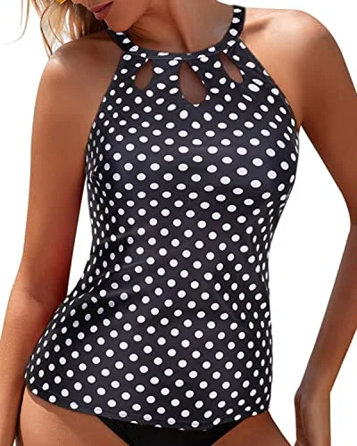 ladies bikini top netted overlay -Flattering Halter Bathing Suit Top High Neck Tankini Top-Black Dot