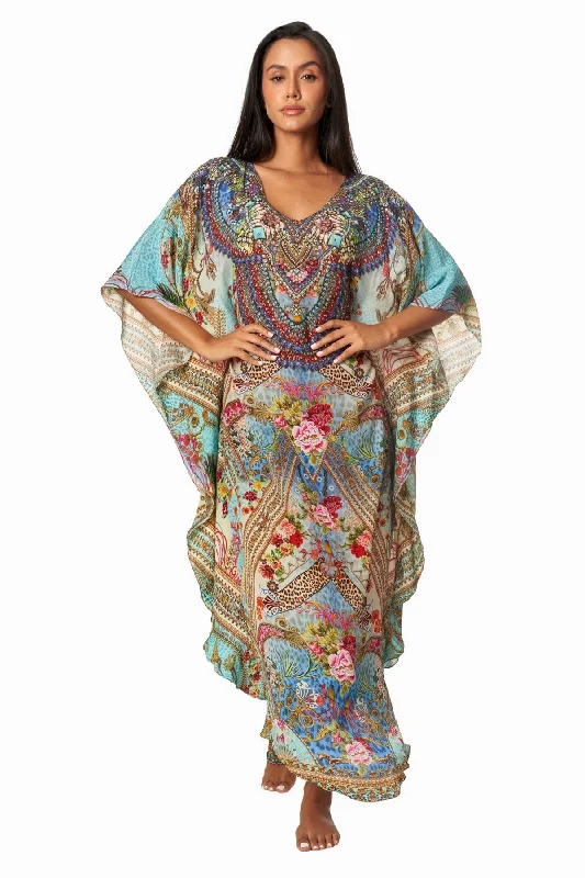 Women’s cover-up all-season flair -Queens Garden Lightweight Caftan Dress/Cover Up with V-Neck Jewels