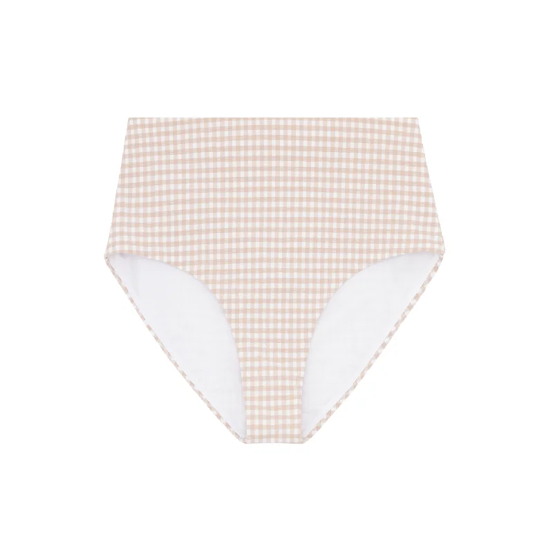 ladies bikini bottoms fine glow -women's brown crinkle gingham high waisted bikini bottom