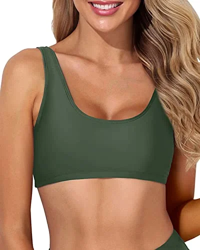 ladies bikini top kin glow -Women's Scoop Neck Sports Bra Bikini Top-Olive Green