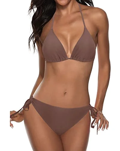 ladies bikini top gypsy chic -Halter Padded Top Tie Side Bottom Triangle Push Up Bikini-Light Brown