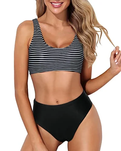 ladies bikini top coal black -Two Piece Scoop Neck Bikini Crop Top High Cut Swimsuit-Black And White Stripe