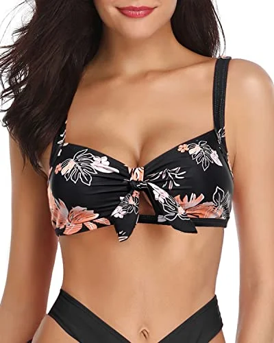 ladies bikini top wrap arms -Vibrant & Stylish Ruffle Flounce Swimsuit Top-Black Orange Floral