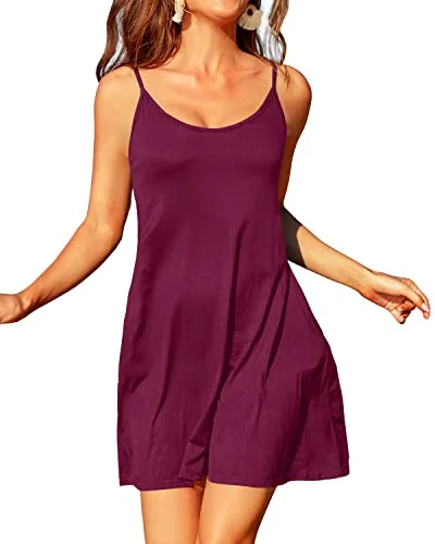 ladies bikini top blunt neck -Casual Summer Tank Top Dress Pockets Swim Cover Up For Women-Maroon