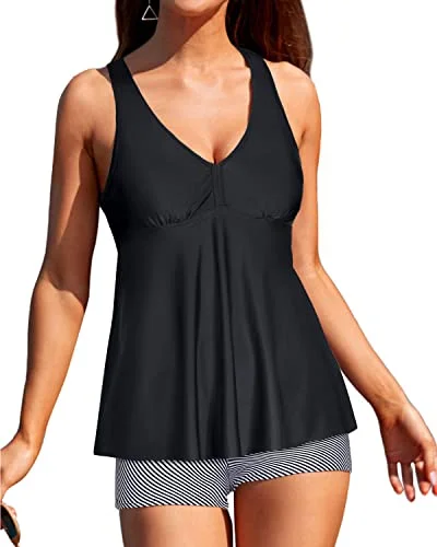 ladies bikini top drapey fit -Full Coverage Tankini Tops Shorts Two Piece Tankini Swimsuits-Black Stripe