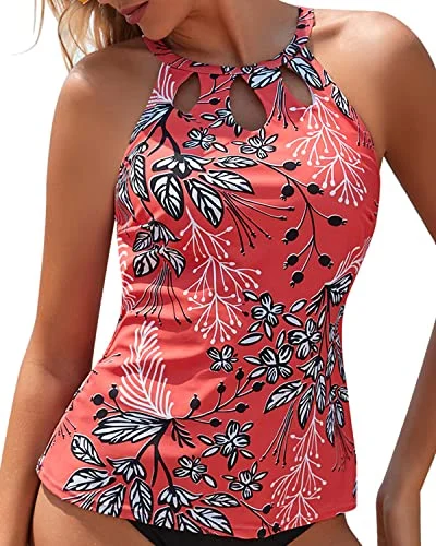 ladies bikini top hibiscus pattern -Halter Bathing Suit Tops Backless Swim Tank Top-Red Floral