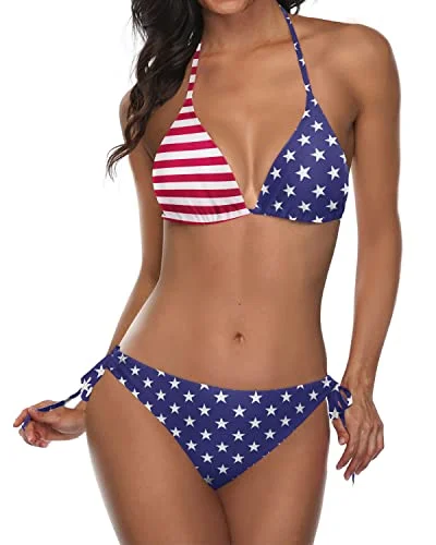 ladies bikini top stretchy band -Halter Padded Top Tie Side Cheeky Triangle Bikini Bathing Suit-Flag