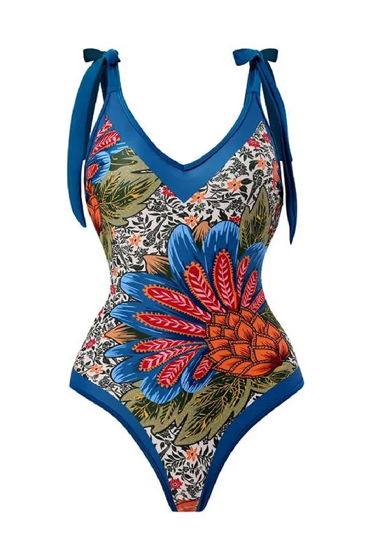 ladies one-piece swimsuit crisp bend -Tropical Floral Print Plunge Tie-Shoulder One Piece Swimsuit