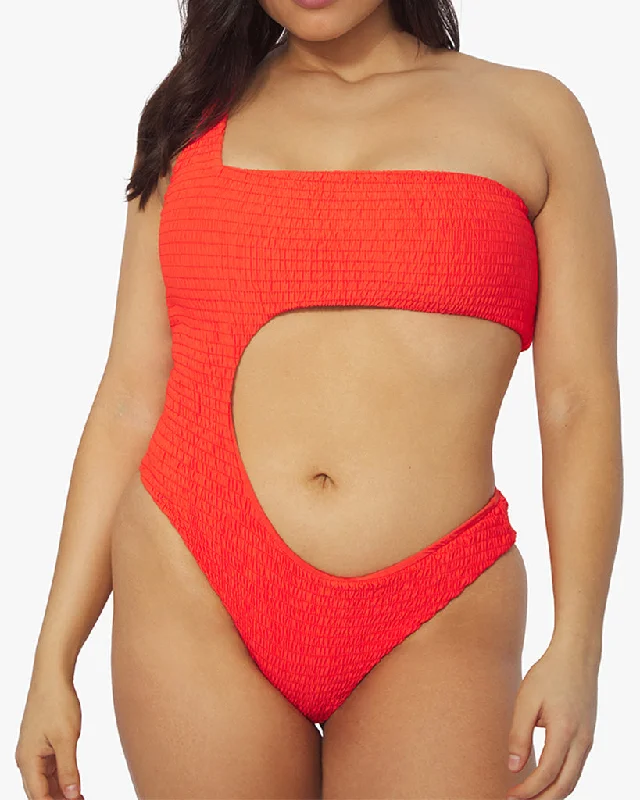 ladies one-piece swimsuit dune pattern -One Shoulder Cut-Out Smocking One Piece