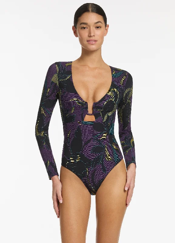 ladies one-piece swimsuit lattice back -Midnight Tropical Cut Out Surfsuit - Amethyst