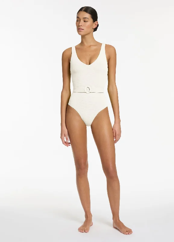 ladies one-piece swimsuit chlorine proof -Isla Rib V-Neckline Belted One Piece - Cream