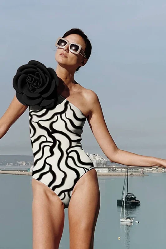 ladies one-piece swimsuit plush dip -3D Flower Zebra Printed One-Shoulder One-Piece Swimsuit