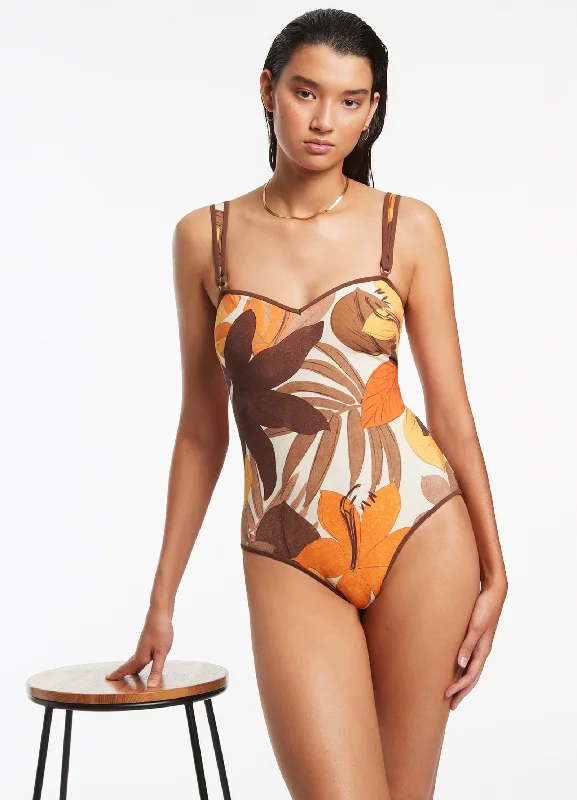 ladies one-piece swimsuit rave swim -Floreale Trim Tank One Piece - Latte