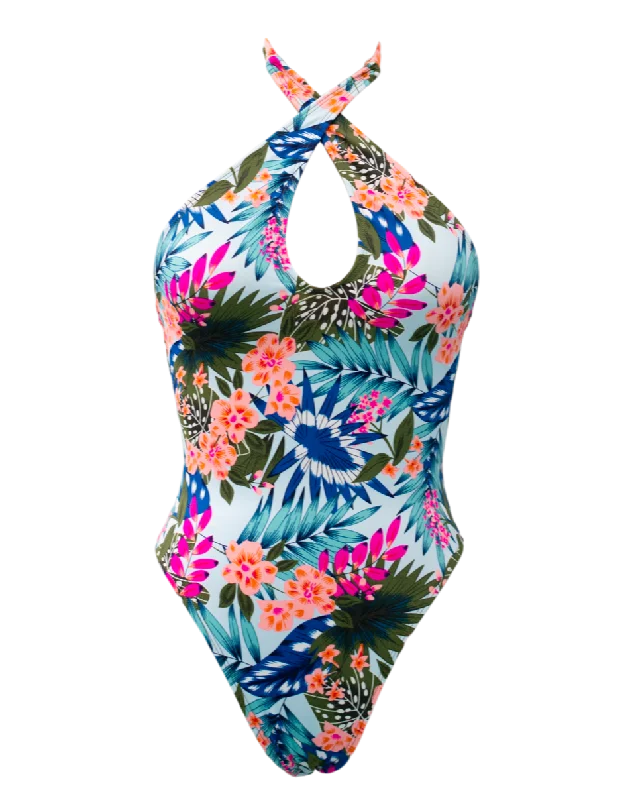 ladies one-piece swimsuit beach glow -Aloha Halter One Piece Swimsuit