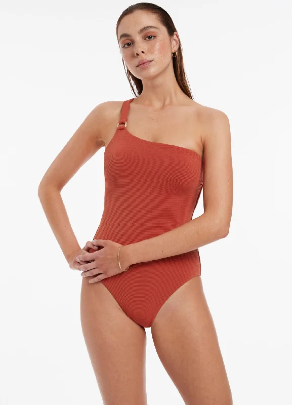 ladies one-piece swimsuit hot swim -Isla Rib One Shoulder One Piece - Russet