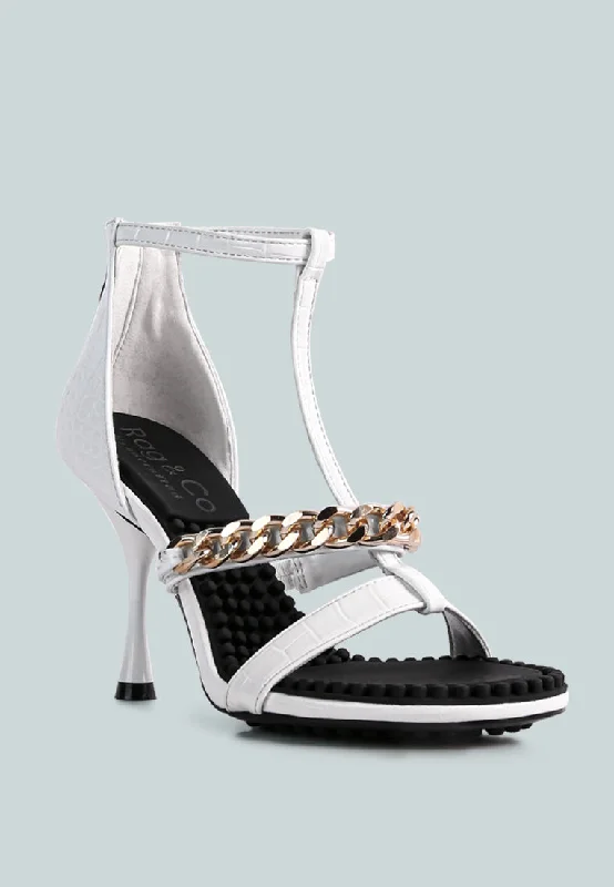 Women’s sandals pointed toe velvet flair -DAKOTA Metal Chain Embellishment Sandals in White