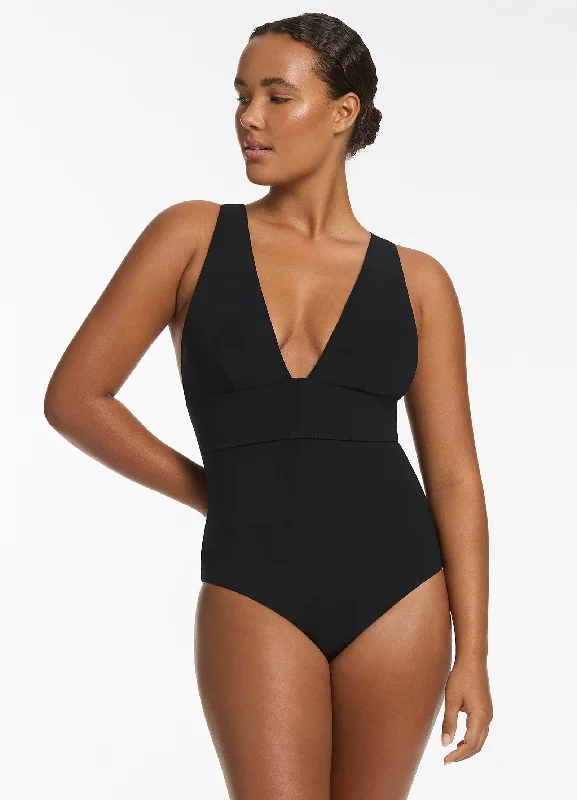 ladies one-piece swimsuit bloom dip -Jetset Plunge Tie Back One Piece - Black