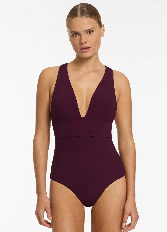 ladies one-piece swimsuit soft hues -Jetset Plunge Tie Back One Piece - Port